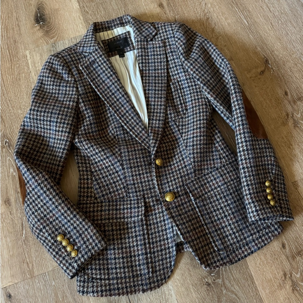 J.‎ Crew Rhodes Houndstooth Tweed Wool Blazer with Gold Buttons Size XS 0